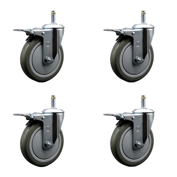 5'' Gray Polyurethane Swivel 7/16'' Stem Caster Set with Total Lock Brake, 4PK